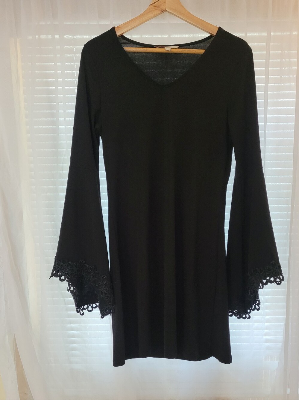 Whimsigoth Ethereal Mini Dress Medium Black Lace Bell Sleeves Witchy